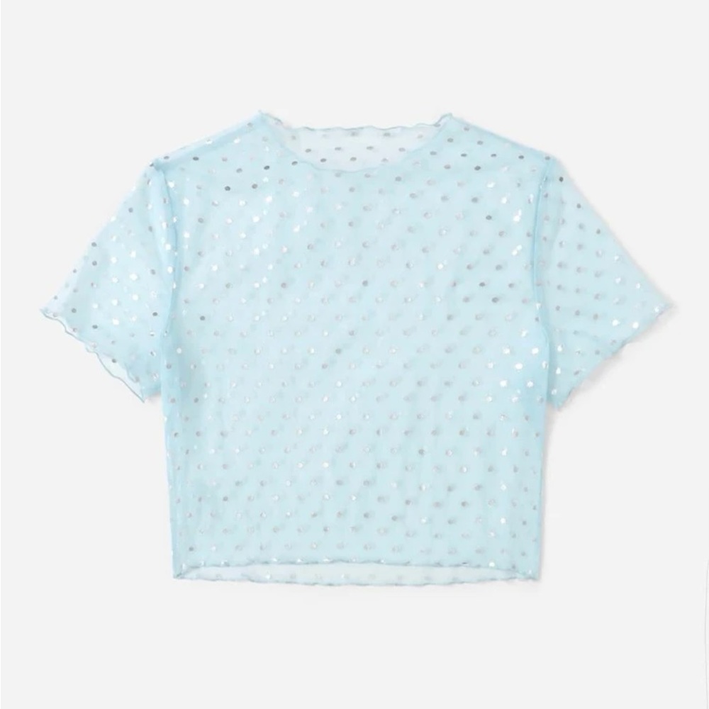 Baby Blue Mesh Crop Top with Silver Metallic Polkadots and Lettuce Trim Hem NWOT - Picture 2 of 12